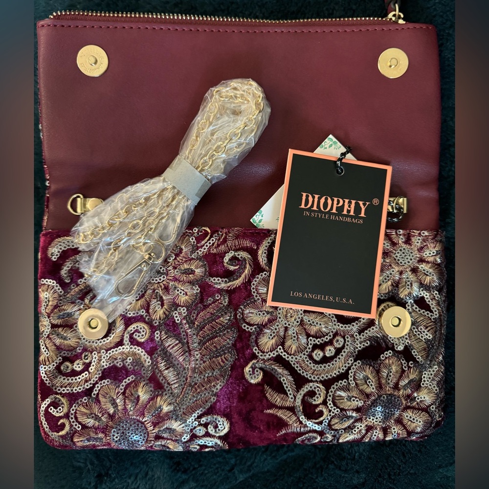 Diophy Satin and Rhinestone Clutch with gold strap. NWT